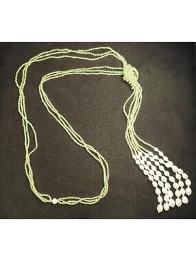 Vintage Multi-Strand Peridot Freshwater Pearl Tassel Necklace, Boho Beaded Knot